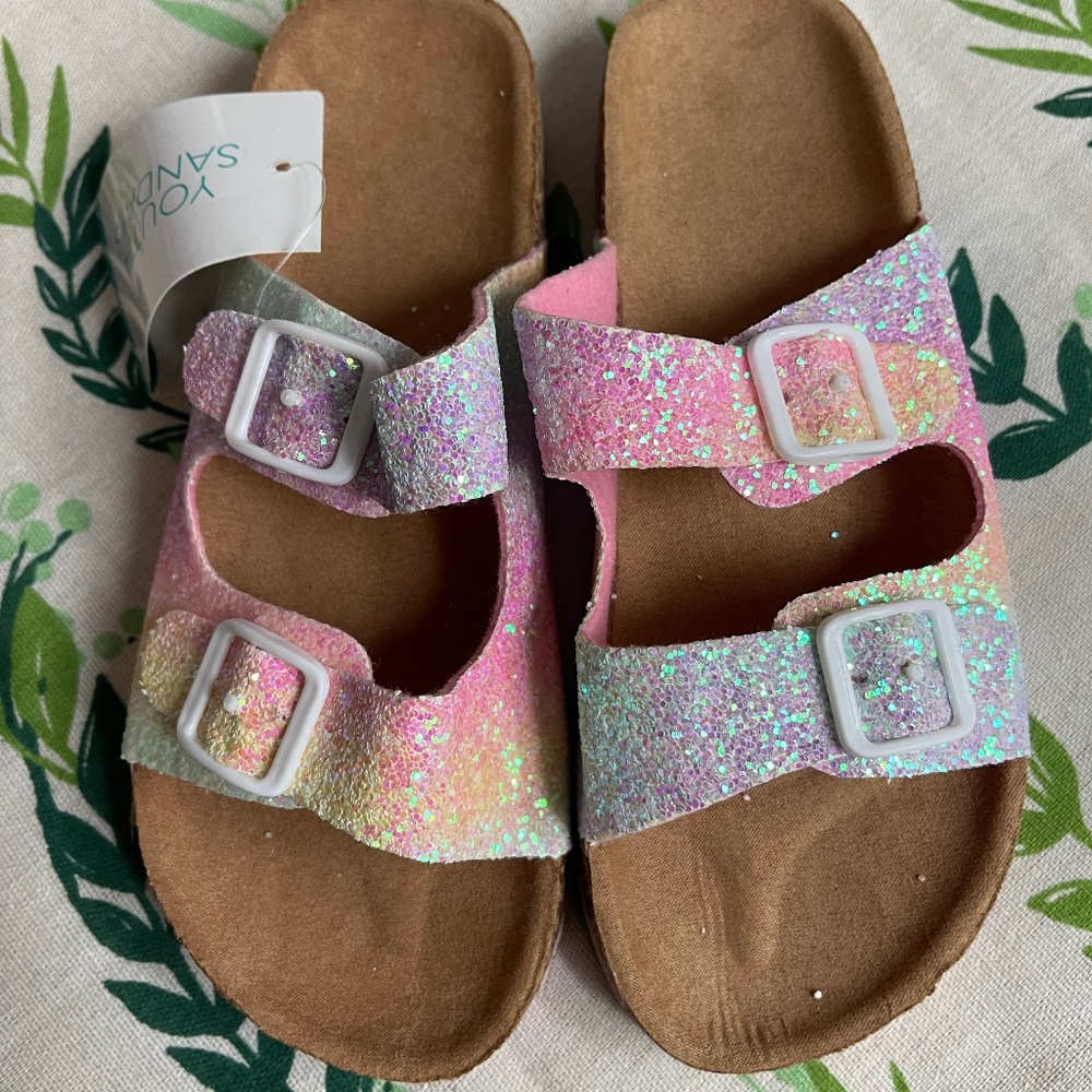Youth Sandals Rainbow Glitter Buckle Slides NWT Size 2/3